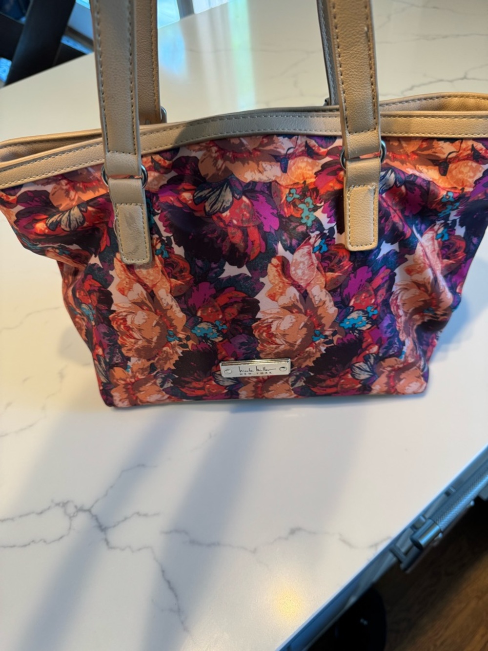 Nicole Miller Floral Tote Bag - Beige Handles with Multicolor Floral Print